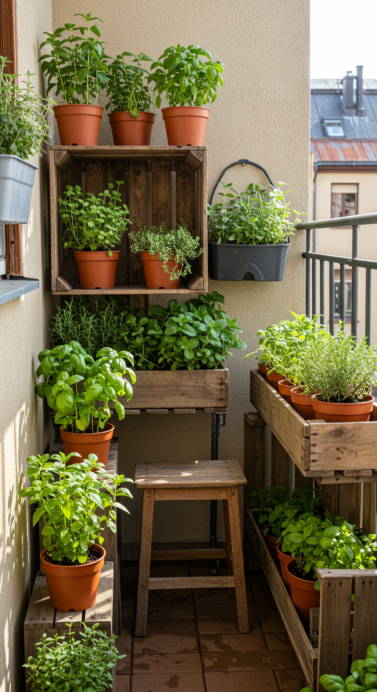 Gestapelte Holzkisten auf einem Balkon, gefüllt mit verschiedenen Küchenkräutern in Tontöpfen.