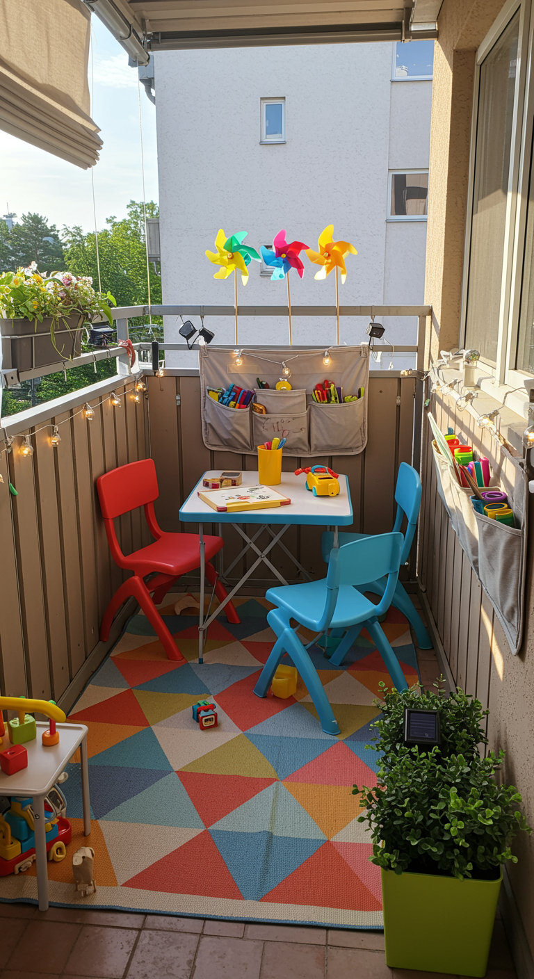 Kleiner Kindertisch mit Stühlen auf buntem Teppich, umgeben von Windrädern.