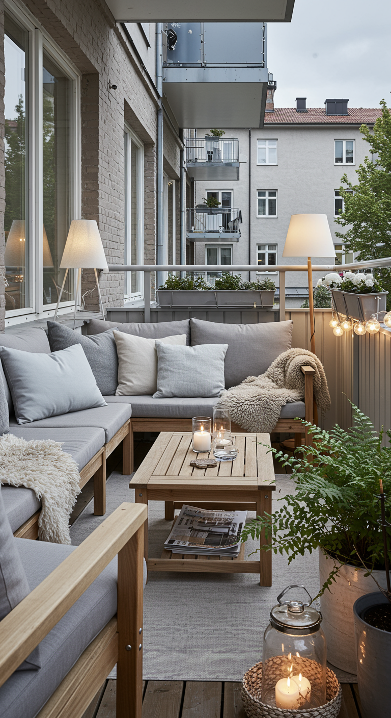 Heller Balkon mit grauer Ecklounge und Holztisch, der Stauraum bietet.