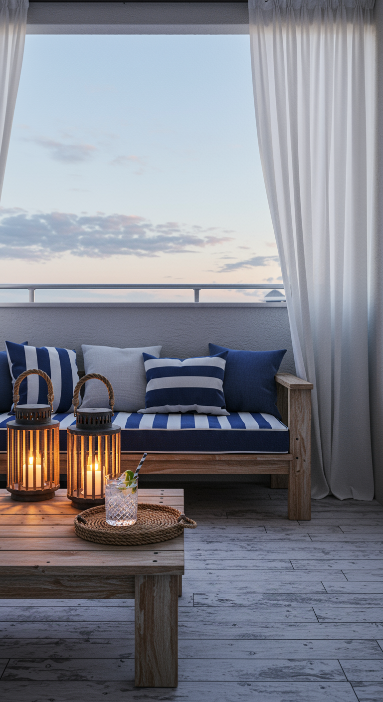 Balkon im maritimen Stil mit Holzmöbeln, blau-weißen Kissen und Laternen.
