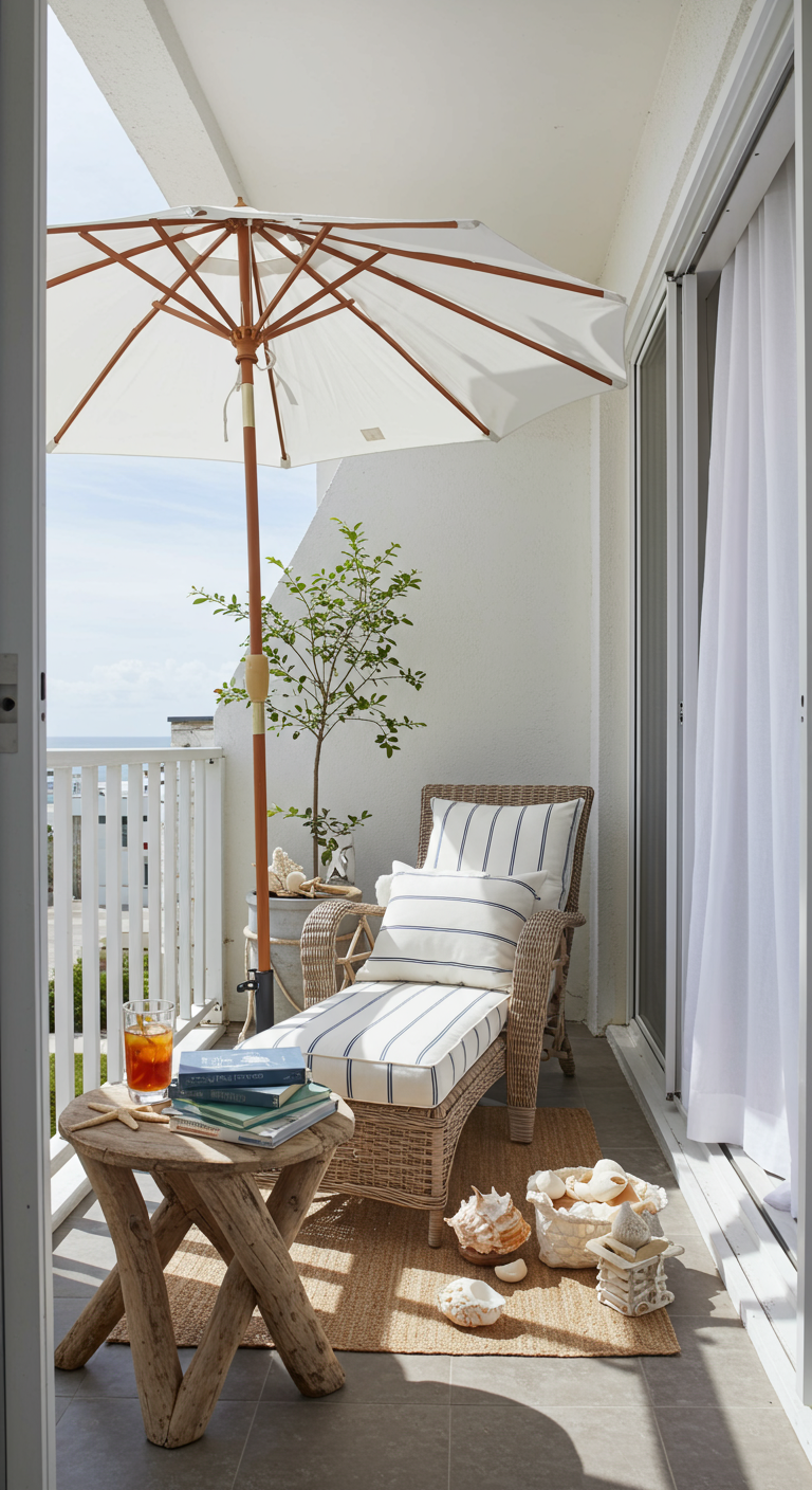 Heller Balkon mit Rattan-Liegestuhl, maritimer Deko und Sonnenschirm.