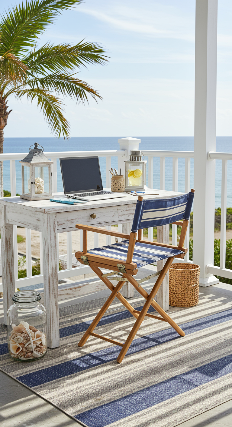 Maritimer Balkon-Arbeitsplatz mit weißem Tisch, Regiestuhl und Meerblick.