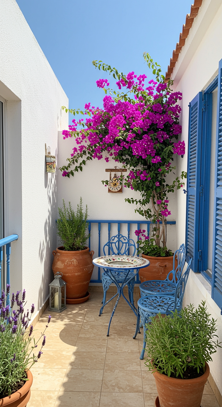 Mediterraner Balkon mit weißer Wand, blauen Möbeln, Bougainvillea und Lavendel.