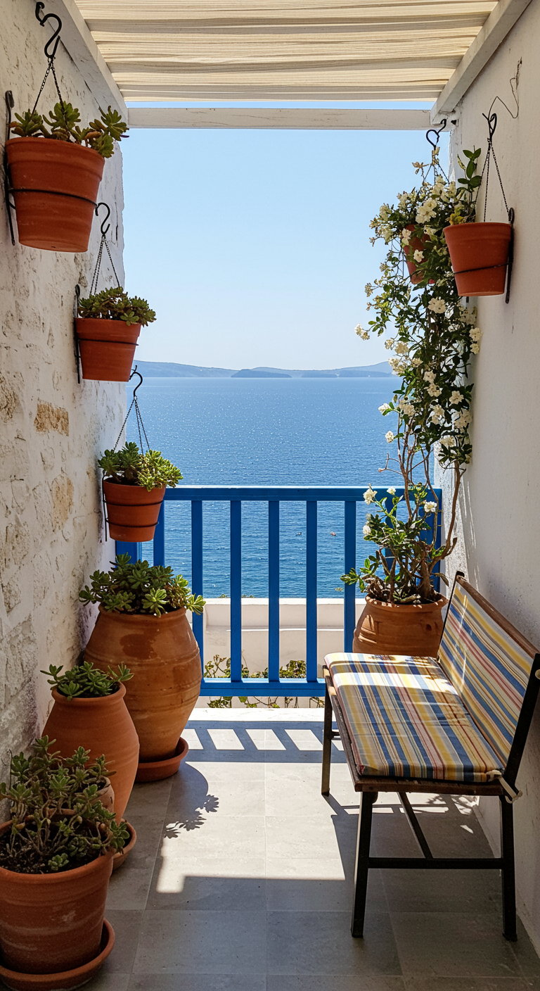 Mediterraner Balkon mit Terrakotta-Hängetöpfen und Blick aufs Meer.