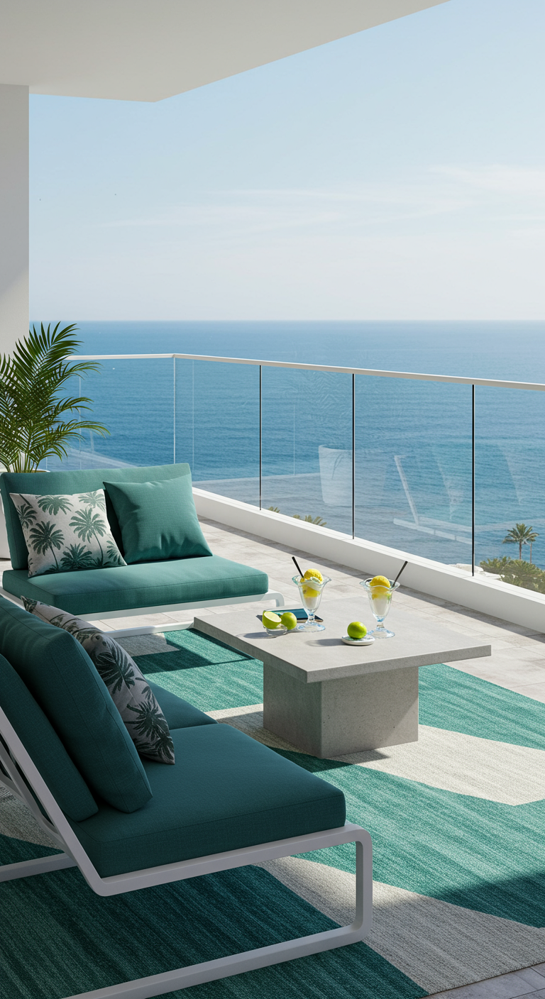 Moderner Balkon mit Meerblick, türkisen Liegen und Palmenprint-Kissen.