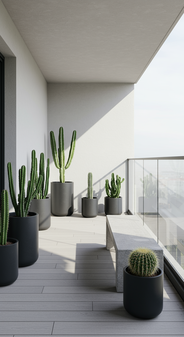 Moderner Balkon mit großen Kakteen in dunklen Töpfen und einer Betonbank.