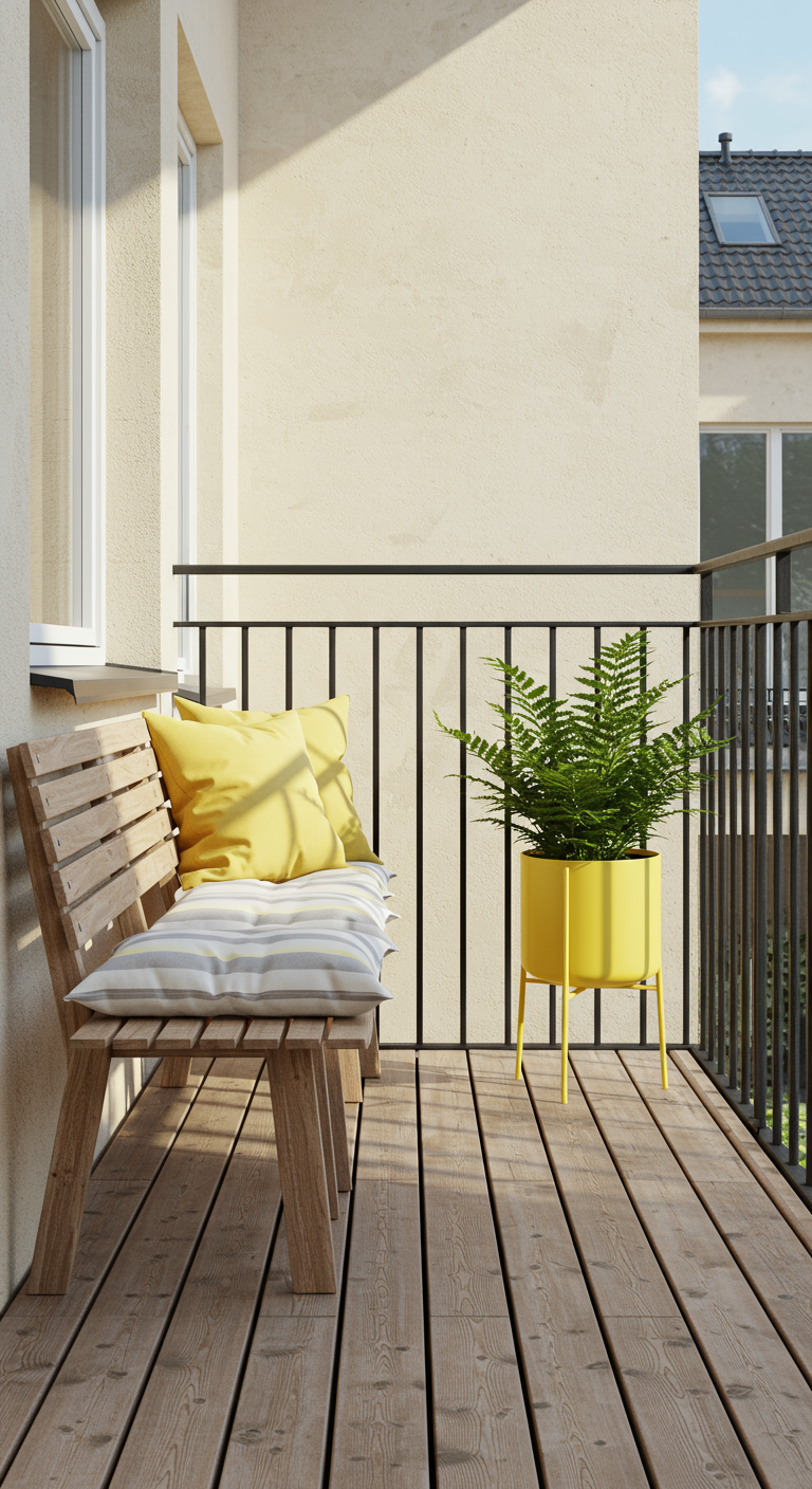 Holzbank mit gelbem Kissen und gelbem Pflanztopf auf minimalistischem Balkon.