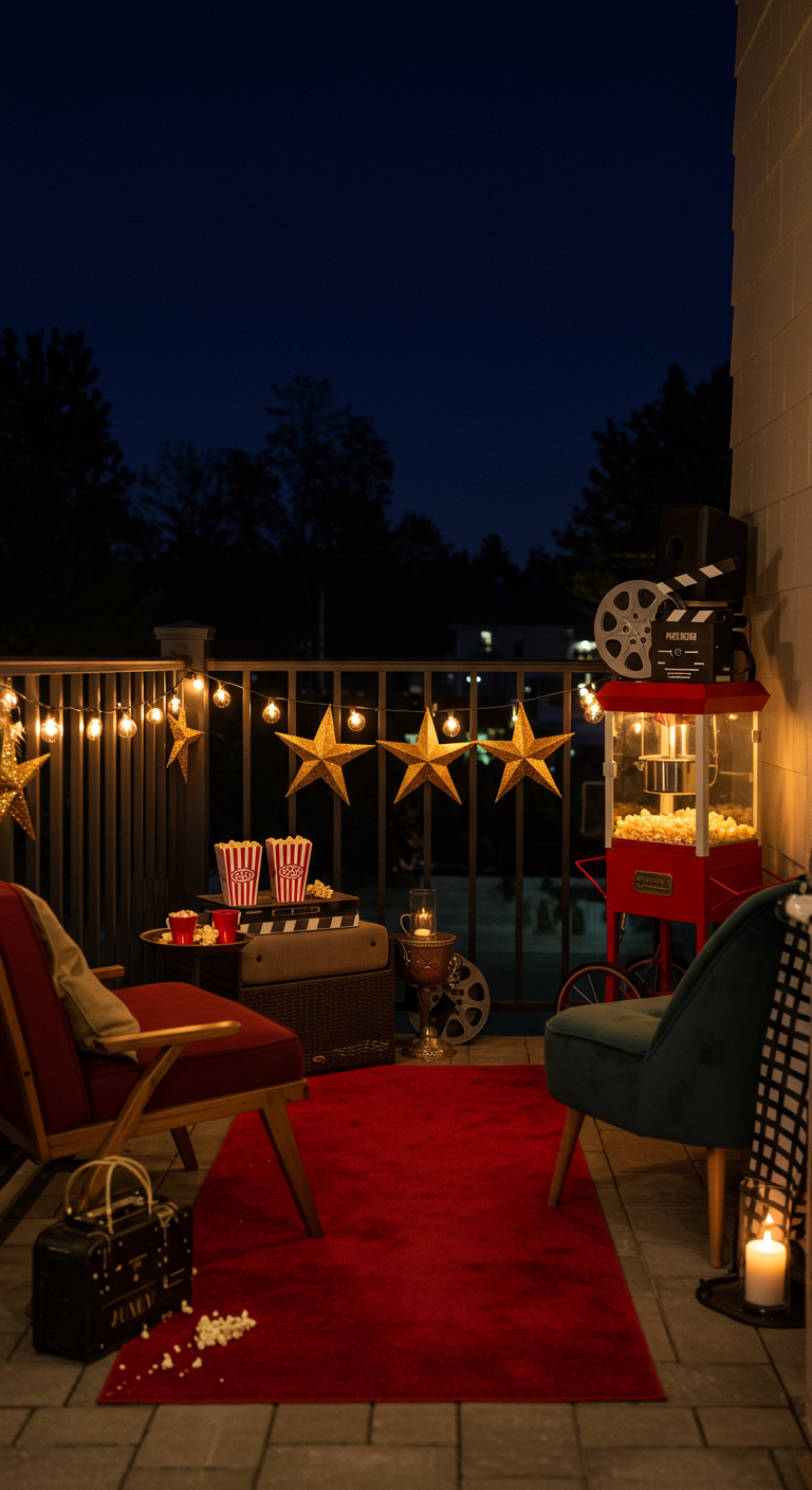 Balkon als Freiluftkino mit Popcornmaschine, roten Akzenten und Sternenlichterkette.