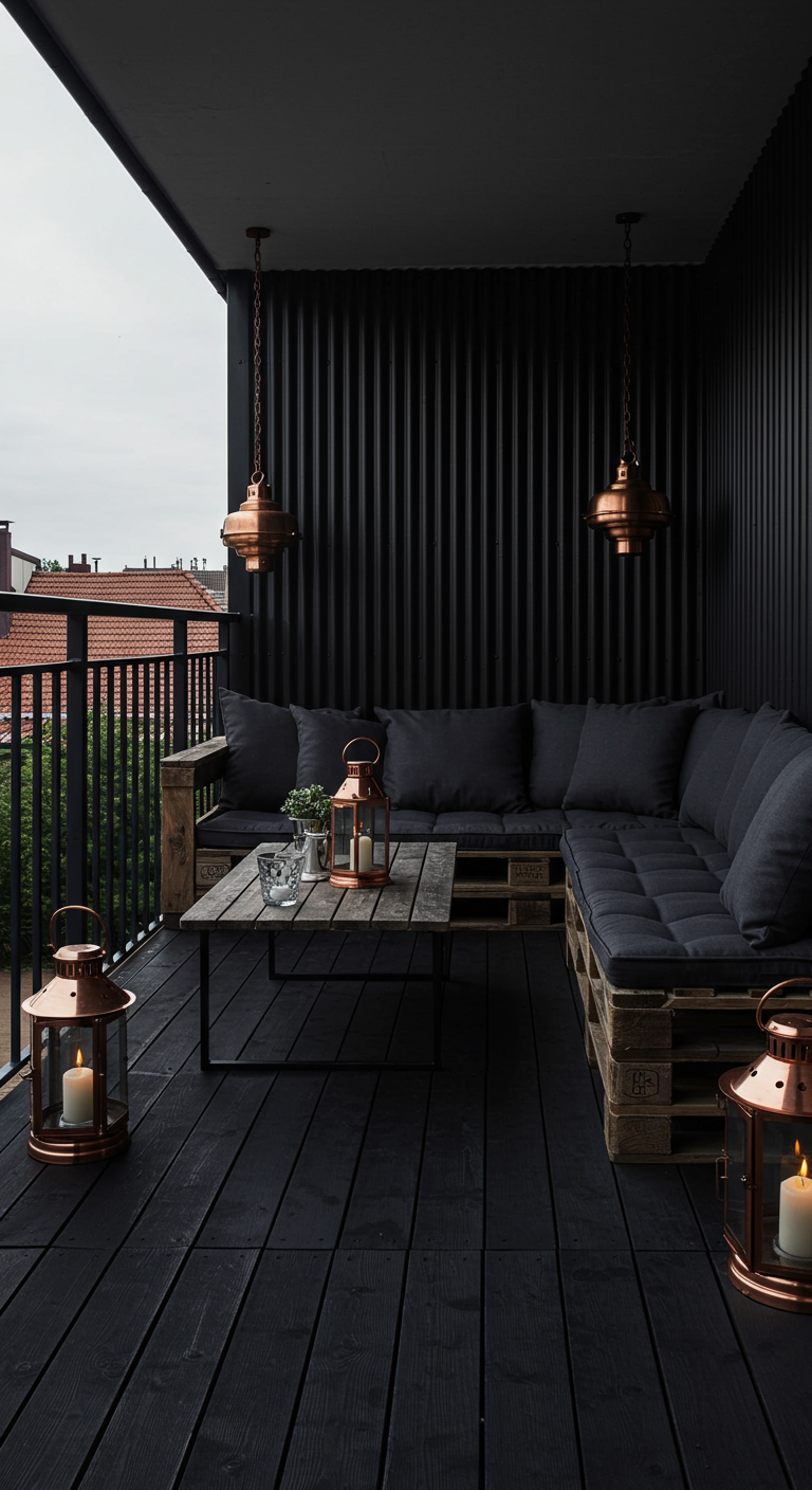 Balkon mit schwarz gestrichenen Palettenmöbeln, dunklen Polstern und Kupferlaternen.