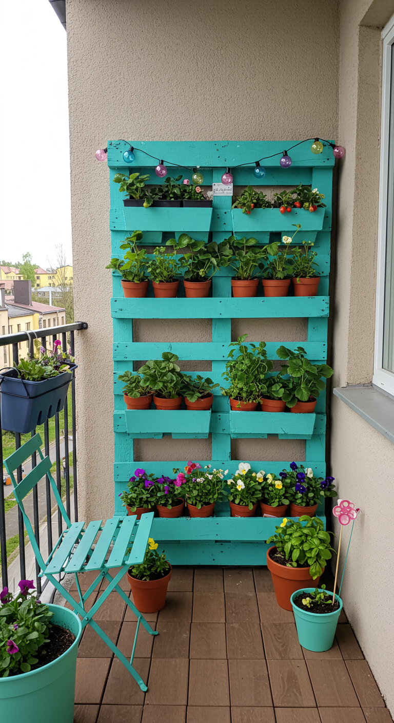 Türkis gestrichene Europalette als vertikales Pflanzenregal mit bunten Blumen und Erdbeeren.