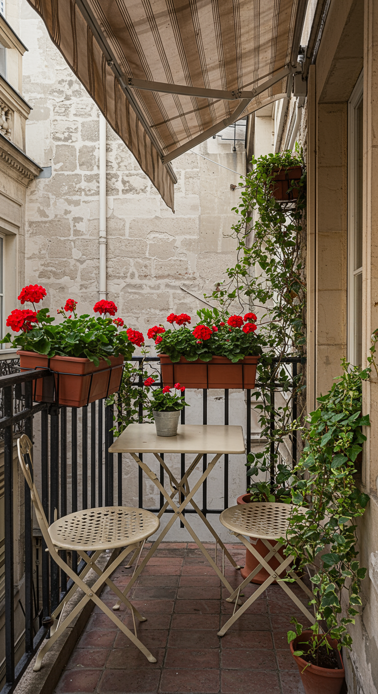 Schmaler Pariser Balkon mit Bistro-Set, roten Geranien in Blumenkästen und Efeu.
