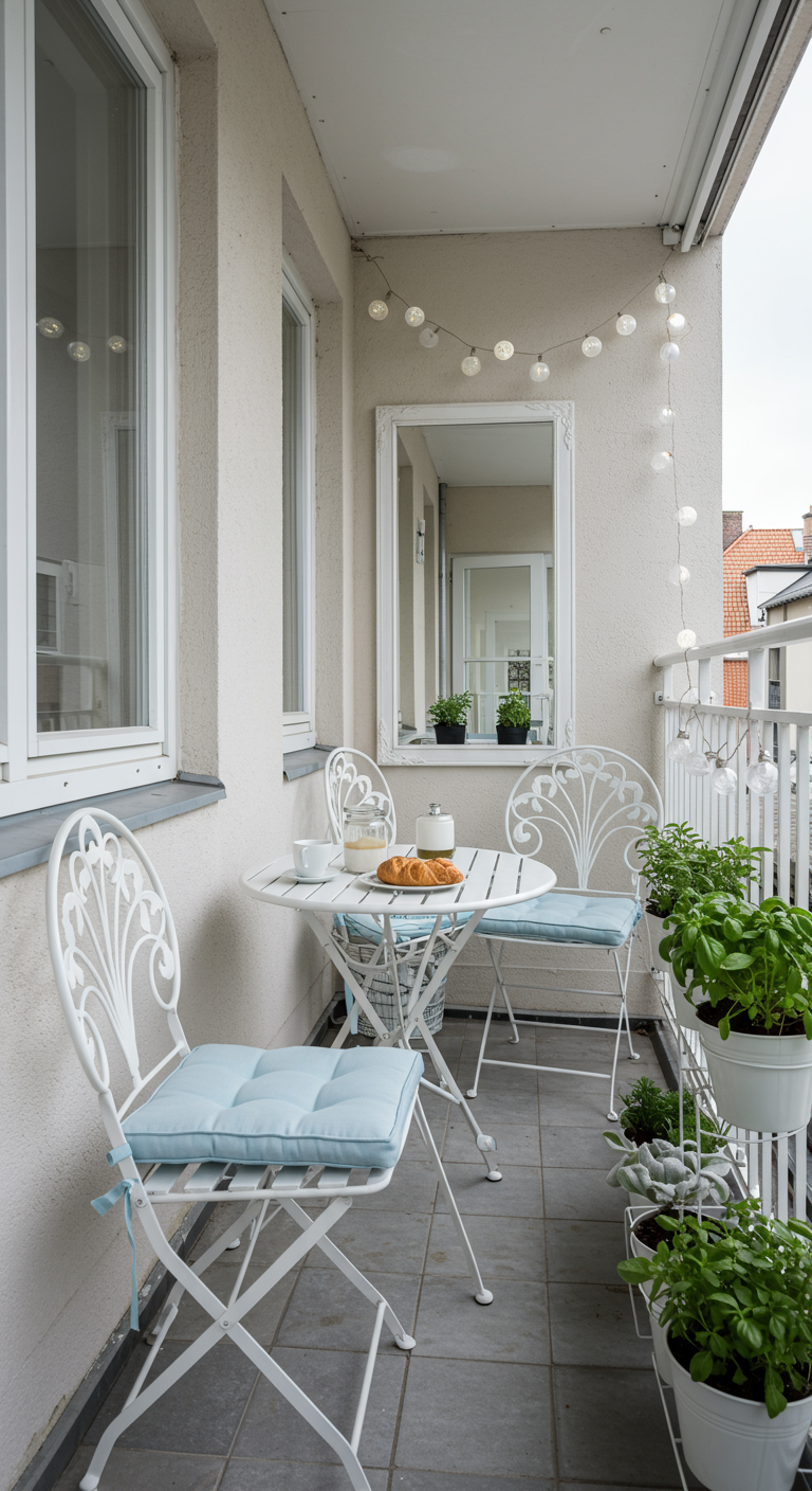 Nordbalkon mit weißen Bistro-Möbeln, Spiegel und Kräutertöpfen.