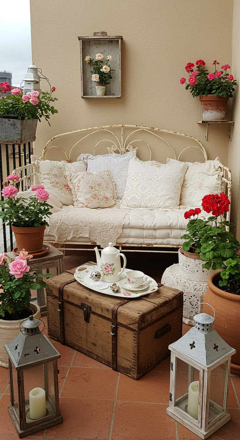 Shabby-Chic-Balkon mit weißer Eisenbank, rosa Rosen und Holzkiste