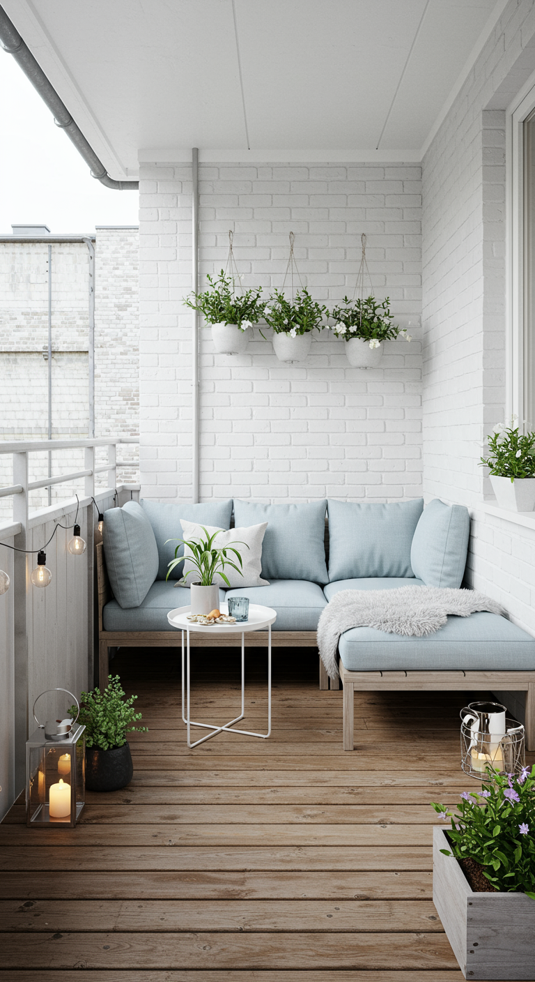Skandinavischer Eckbalkon mit heller Holzbank, pastellblauen Kissen und Lichterkette.