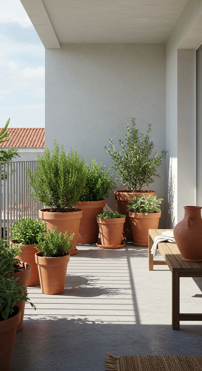 Sonniger Balkon mit verschiedenen Kräutern in großen und kleinen Terrakotta-Töpfen.