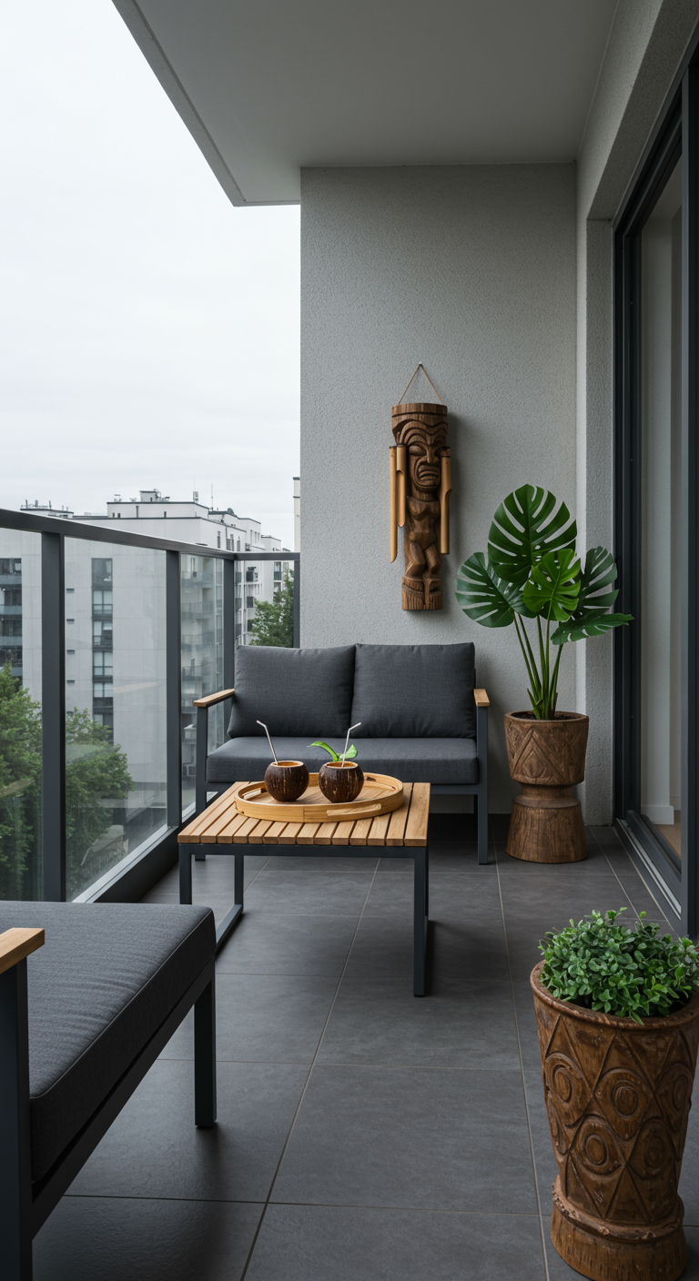 Moderner Balkon mit grauen Loungemöbeln und dezenten Tiki-Accessoires.