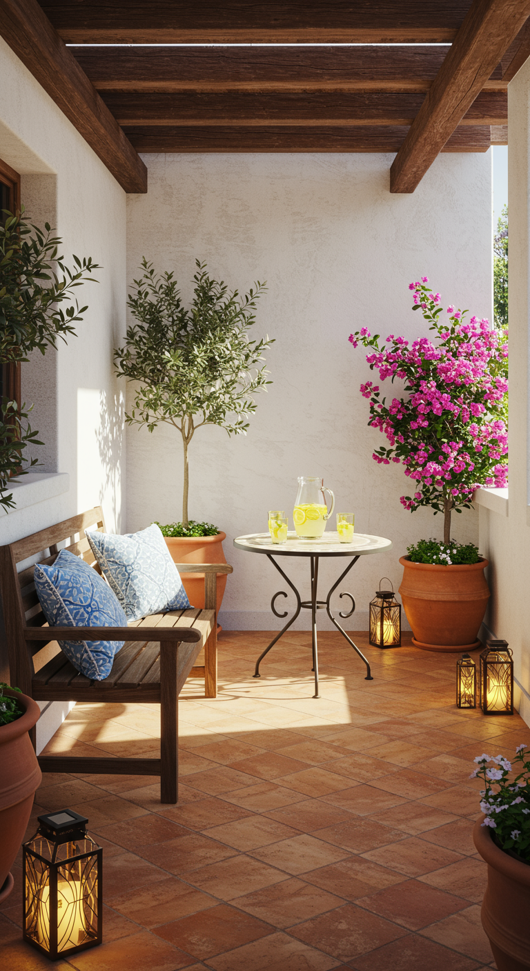 Mediterraner Balkon mit Holzbalken, Terrakotta-Fliesen, Olivenbäumen und Laternen.