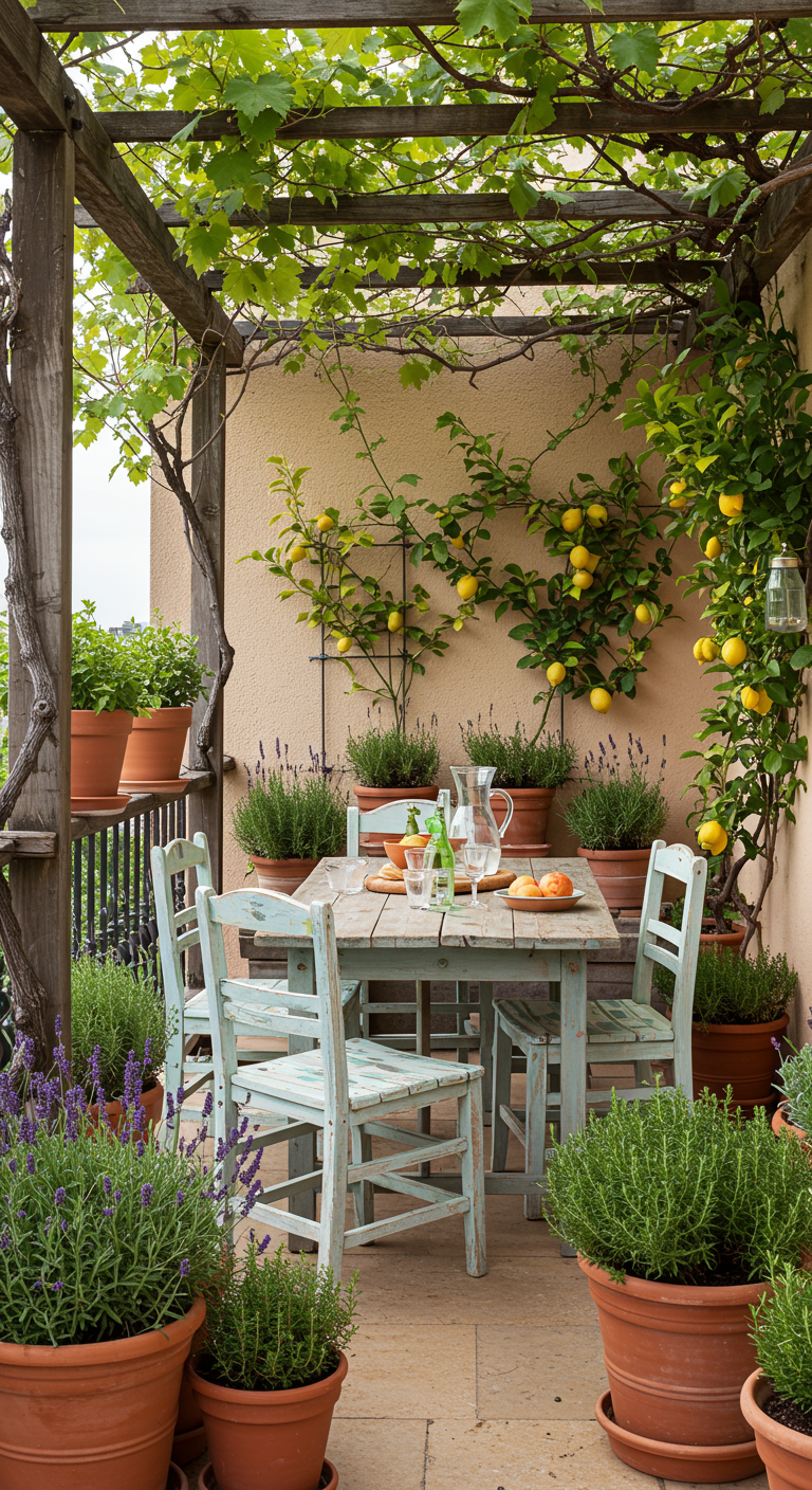 Essplatz auf Balkon unter Weinreben, umgeben von Lavendel und Zitronen.