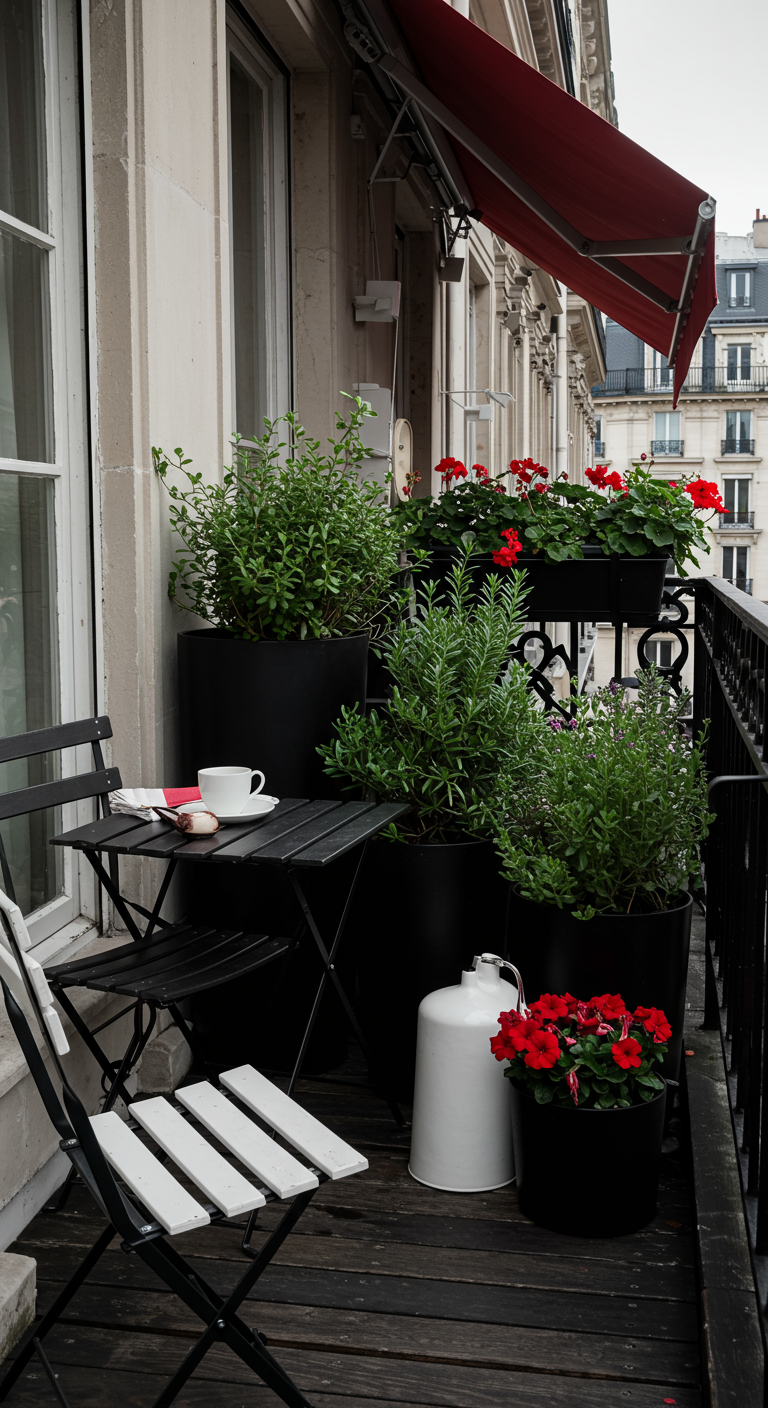Schmaler Balkon mit schwarzen Möbeln, dunklen Pflanzkübeln mit grünen Pflanzen und roten Blumen.