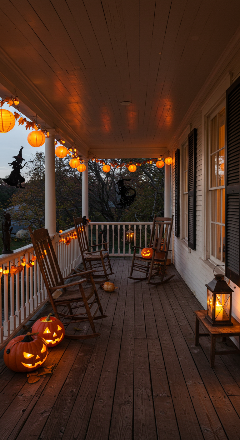 Klassisch dekorierte Halloween-Veranda mit Schaukelstühlen, leuchtenden Kürbissen und Lichterketten.