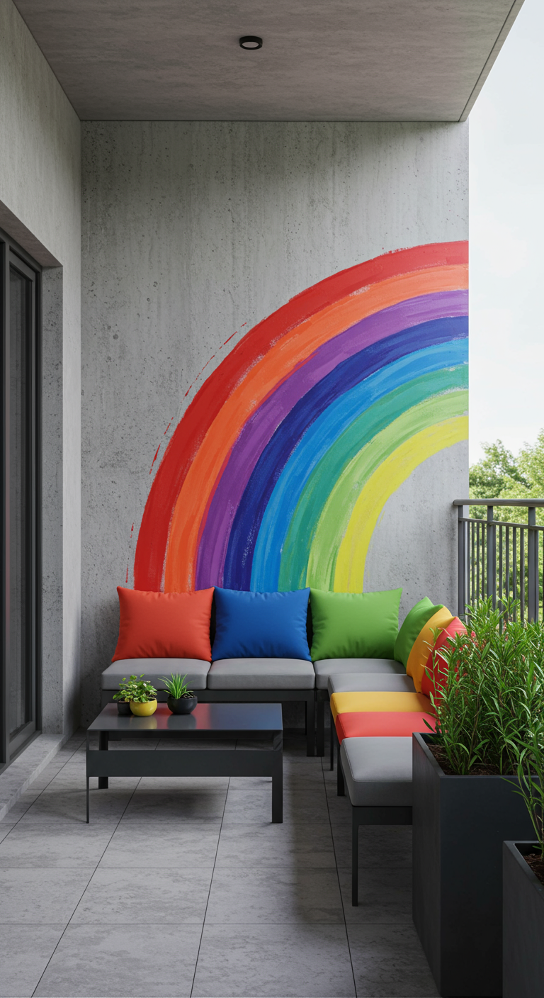 Betonwand auf Balkon mit großem gemaltem Regenbogen, davor graue Loungemöbel mit bunten Kissen.