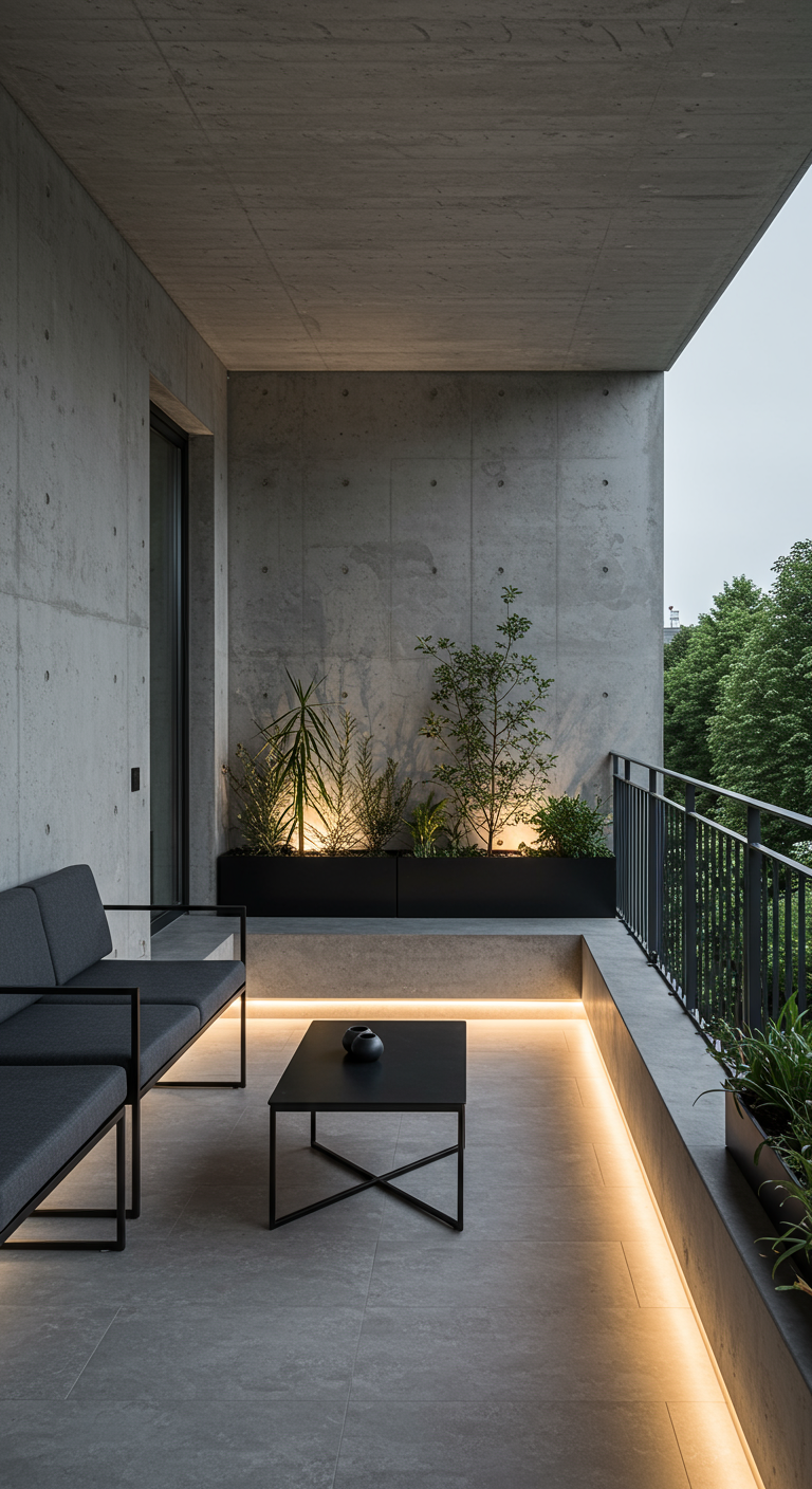 Moderner Balkon mit Betonwänden, schwarzen Metallmöbeln und indirekter LED-Beleuchtung.