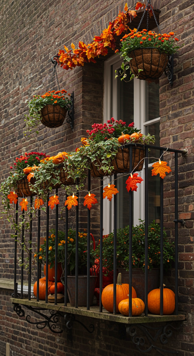 Französischer Balkon mit Herbstblumen in Hängetöpfen, Kürbissen und Ahornblatt-Lichterkette.