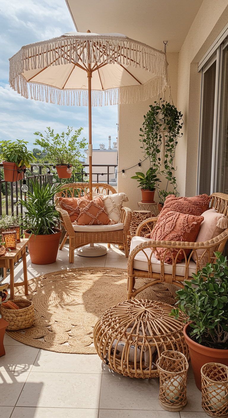 Boho-Balkon mit Fransen-Sonnenschirm, Rattanmöbeln, Jute-Teppich und vielen Pflanzen.