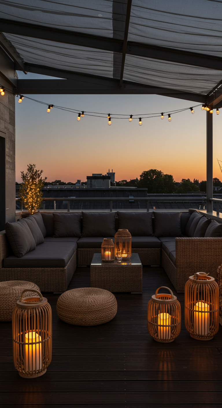 Dachterrasse mit Rattan-Lounge, Jute-Poufs und Bambuslaternen bei Sonnenuntergang.