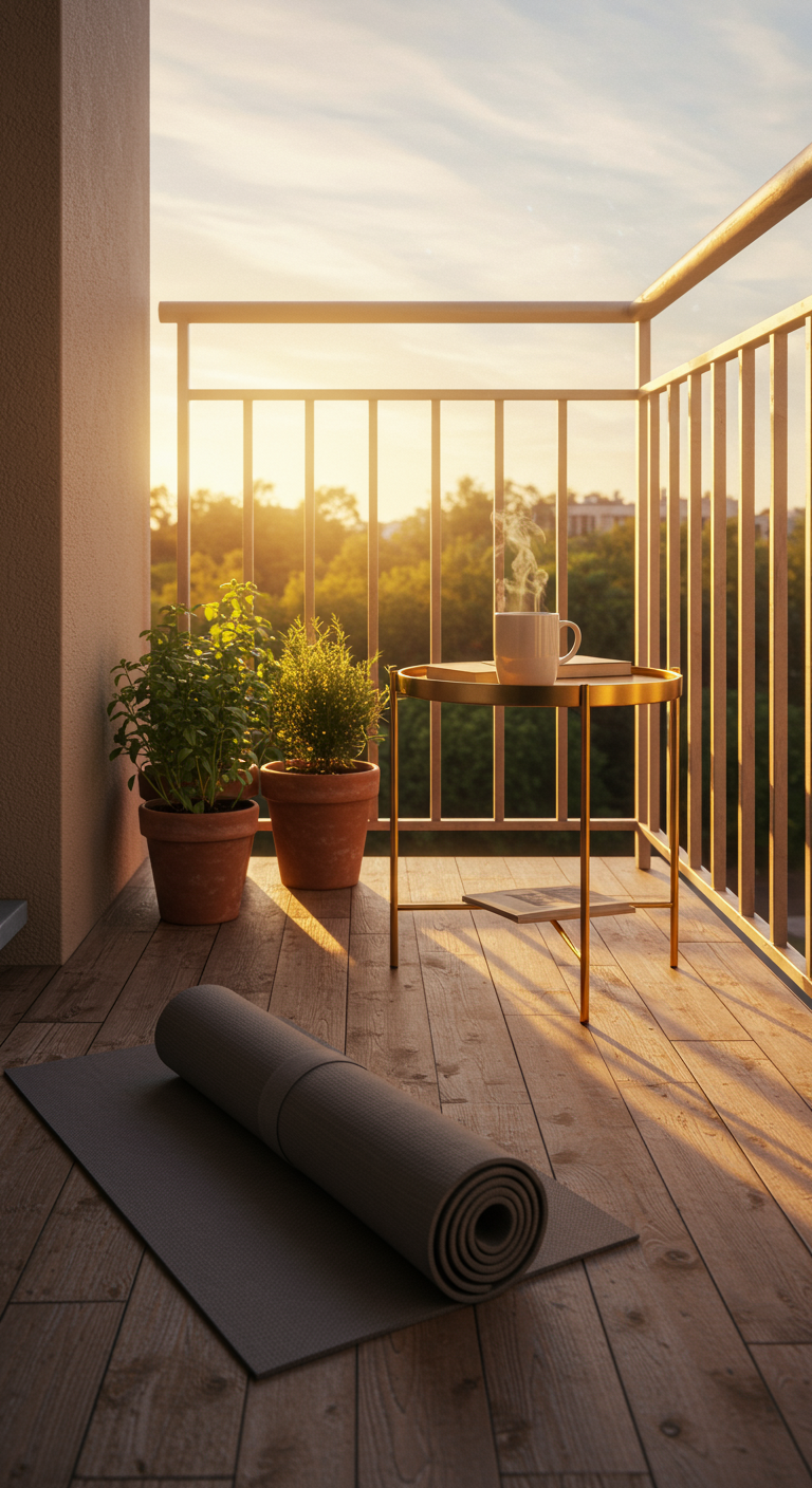 Sonniger Balkon mit Yogamatte, Kräutertöpfen und goldenem Beistelltisch mit Kaffeetasse.