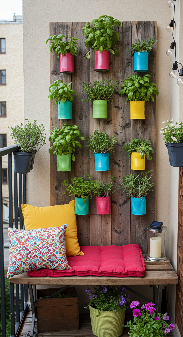 Vertikaler Kräutergarten aus bunten Dosen an einer Holzwand auf dem Balkon.