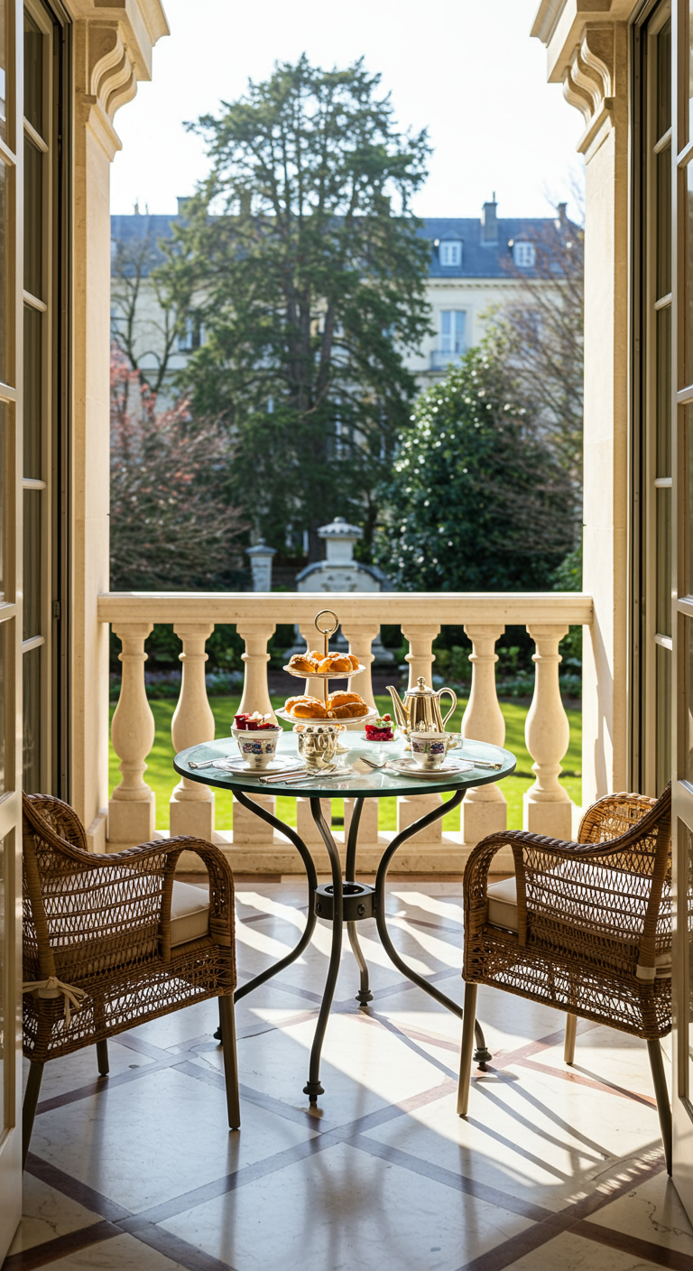 Elegantes Frühstück mit Gebäck auf einer Etagere, serviert auf einem Balkon mit Blick in einen Garten.
