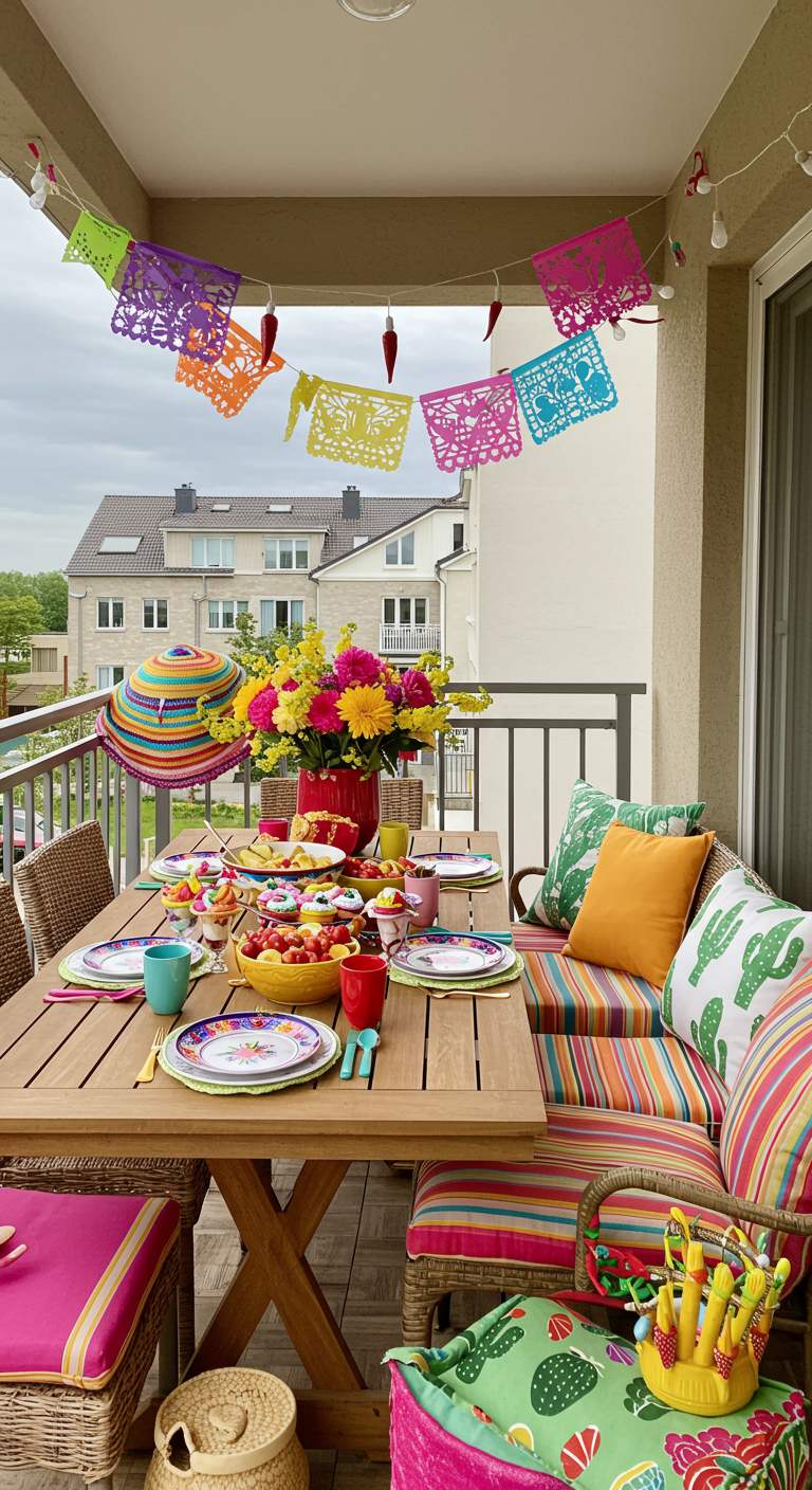 Bunt gedeckter Tisch auf Balkon mit Papel Picado und Kaktuskissen.