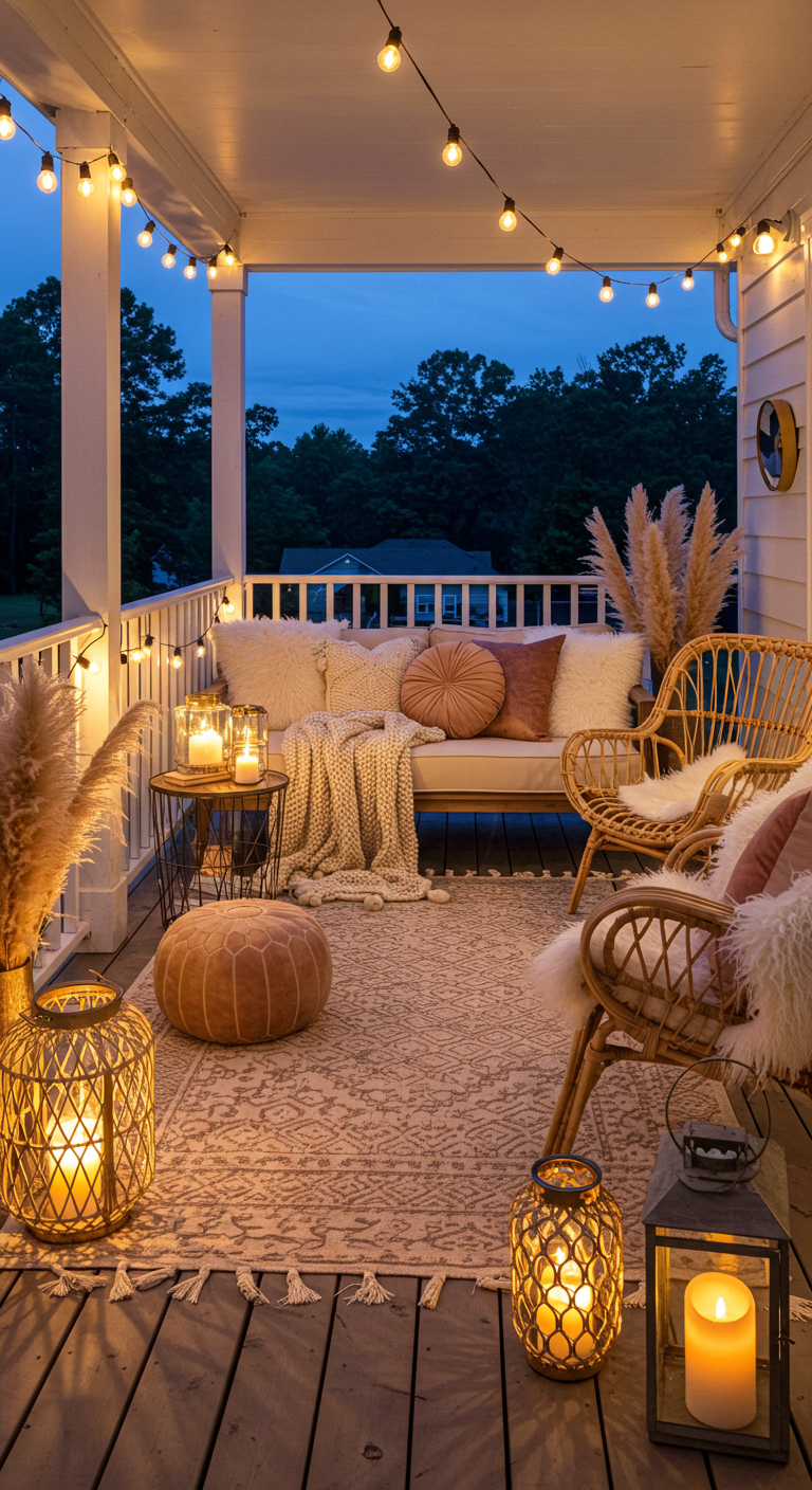 Stilvoller Balkon bei Nacht mit hellem Sofa, Pampasgras, vielen Kissen und Lichterketten.