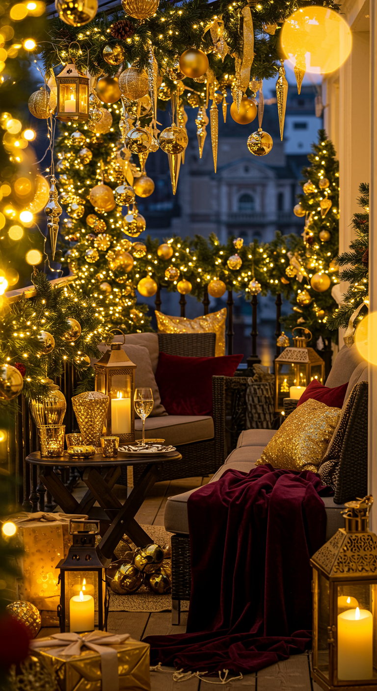 Üppig mit Gold und Lichtern dekorierter Balkon, Lounge-Möbel, Kerzen.