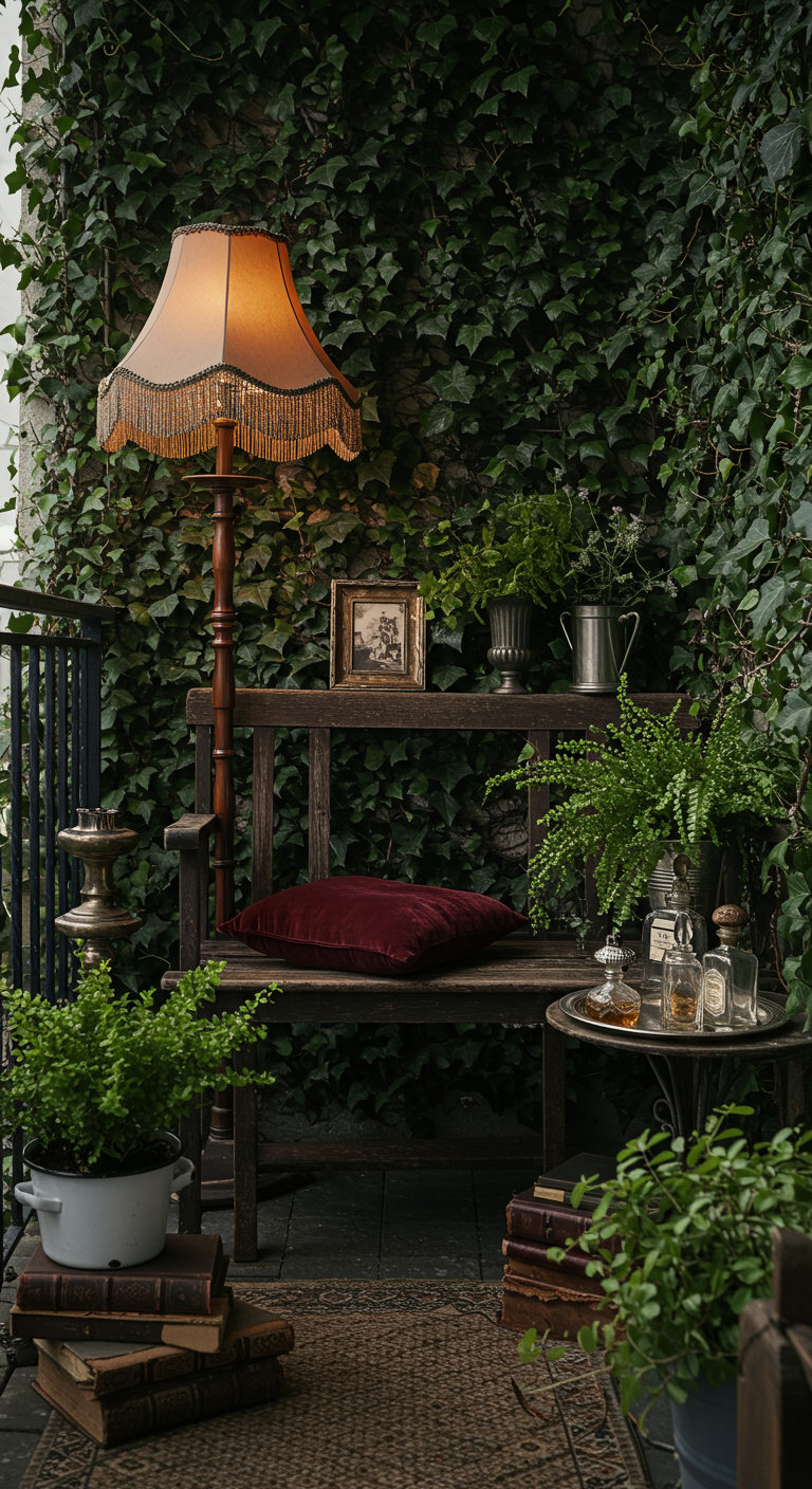 Dunkelgrüner Balkon mit Holzbank, Vintage-Lampe und Farnen