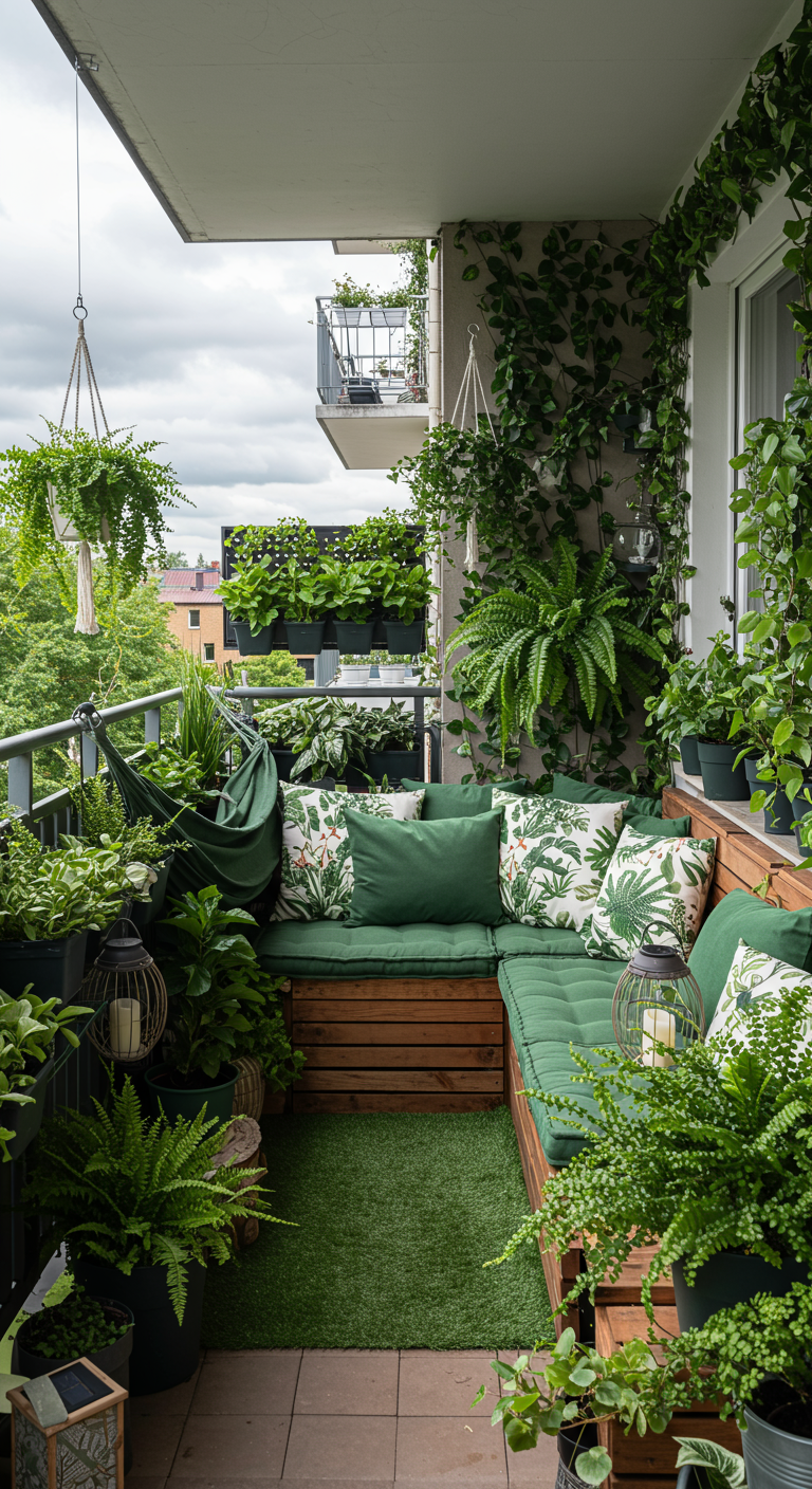 Üppig begrünter Balkon mit grüner Hängematte, Sitzbank und vielen Pflanzen.