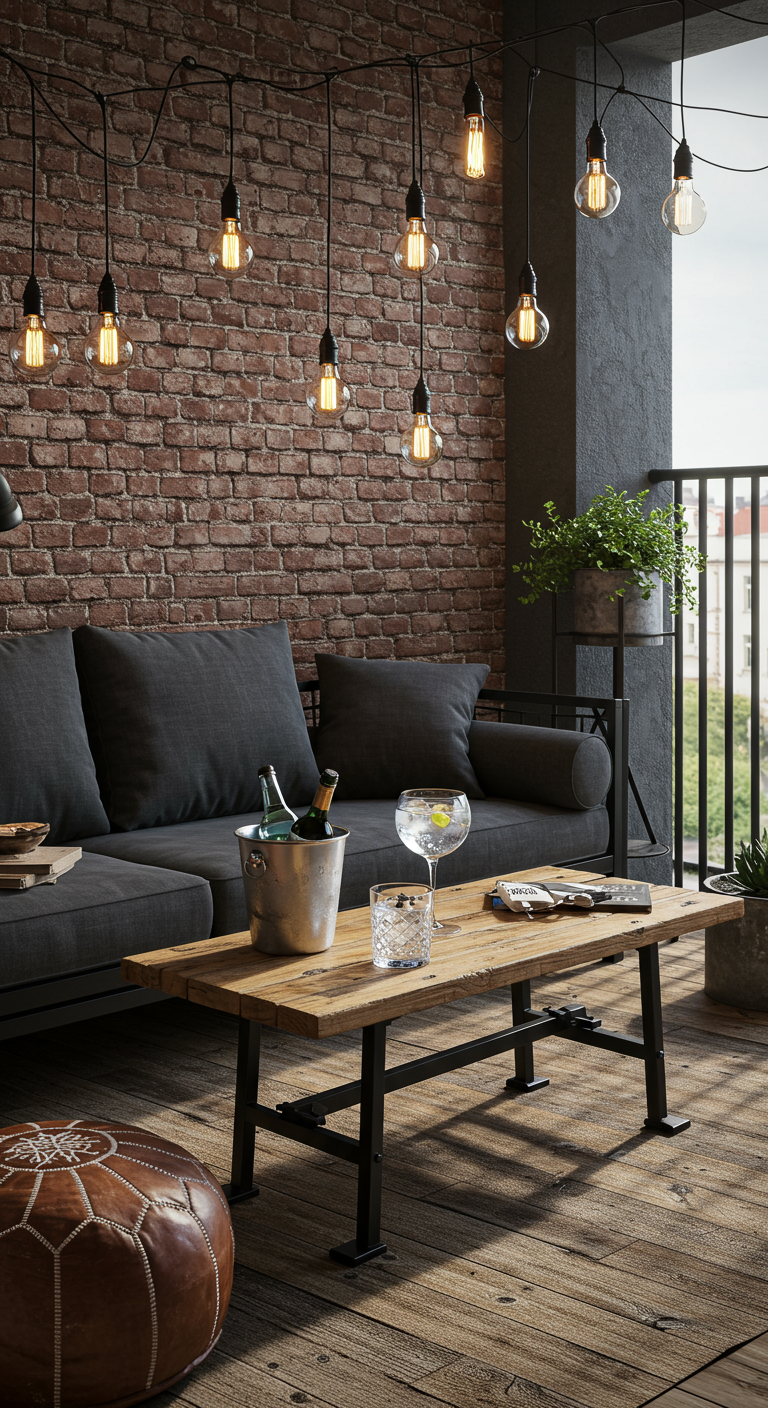 Balkon im Industrial-Stil mit Backsteinwand, dunklem Sofa und Edison-Lichtern.
