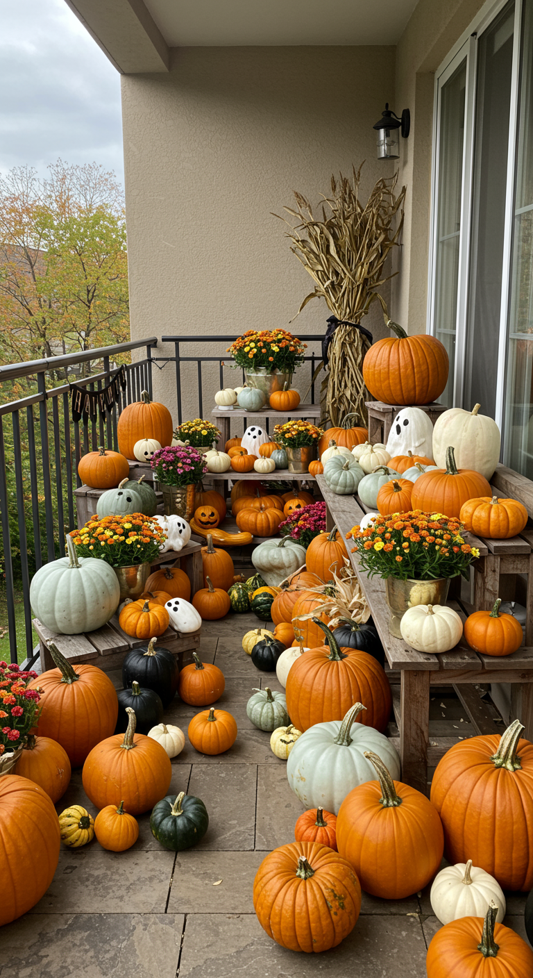 Balkon überflutet mit einer Vielzahl an bunten Kürbissen und Herbstblumen.