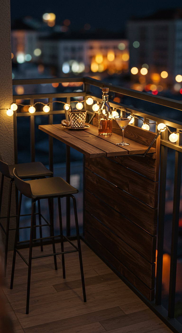 Schmaler Balkon mit Klapptisch am Geländer, Barhockern und Cocktail bei Nacht.