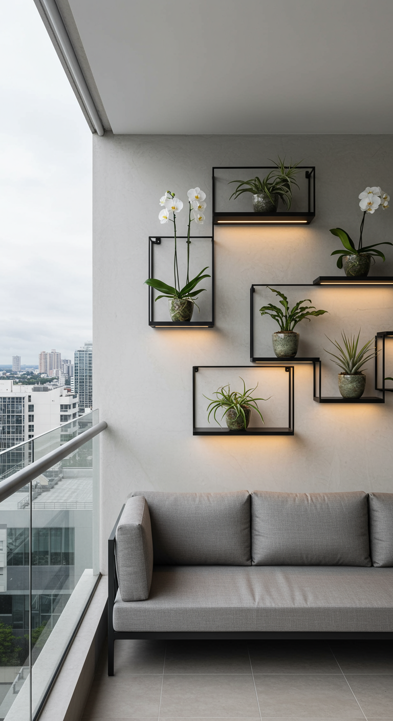 Moderne schwarze Wandregale mit LED-Beleuchtung und Orchideen auf Balkon.