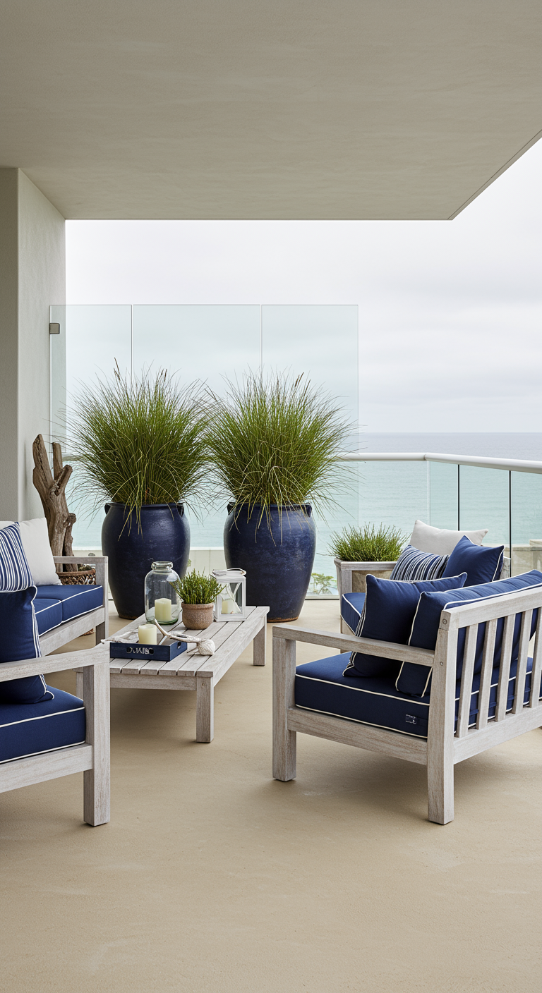 Balkon mit weißen Holzmöbeln, blau-weißen Polstern und großen blauen Pflanzkübeln.