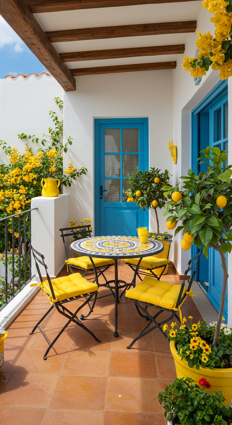 Mediterraner Balkon mit gelben Akzenten, blauer Tür und Zitronenbäumen.