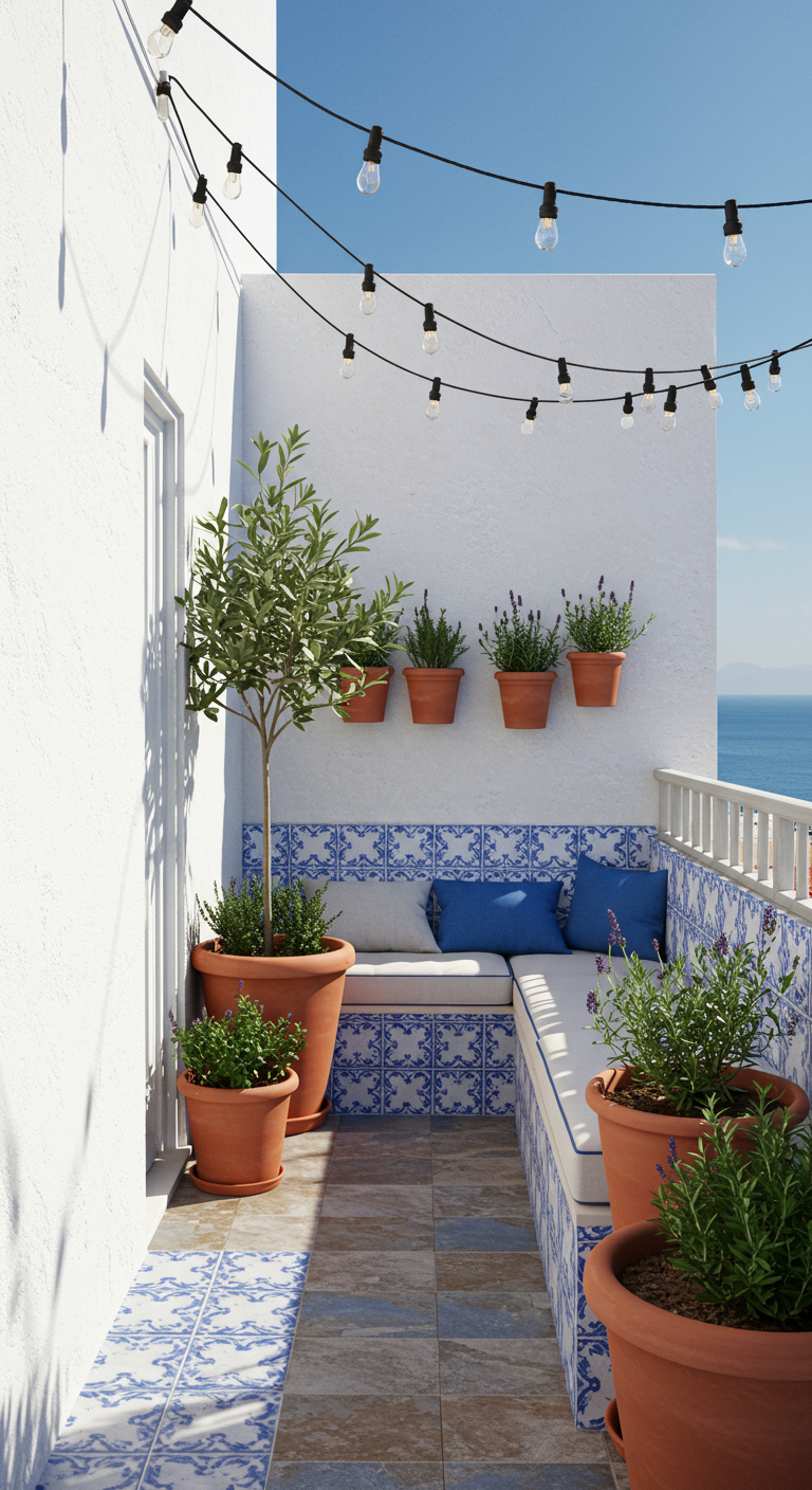 Schmaler Balkon im mediterranen Stil mit blauen und weißen Fliesen, Terrakotta-Töpfen und Lichterkette.