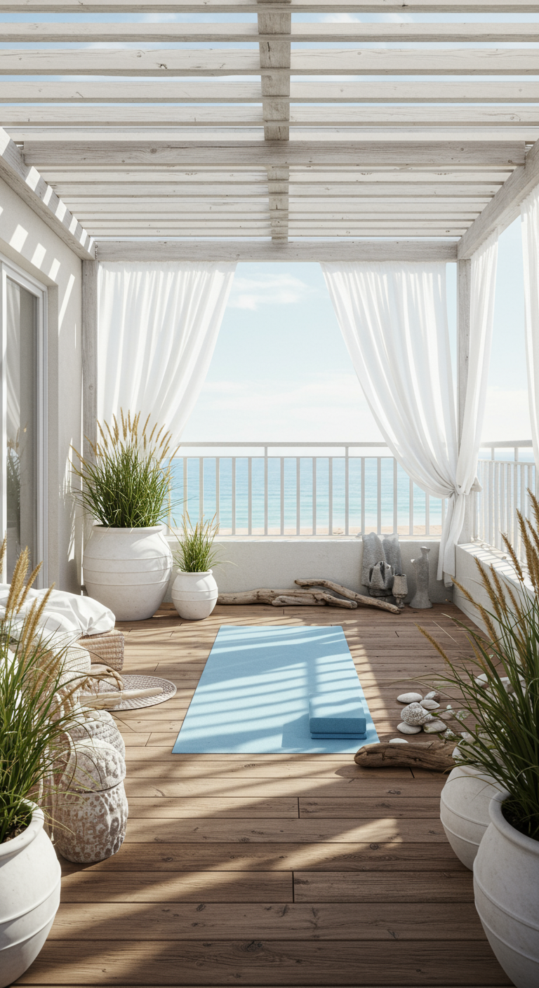Heller Yoga-Balkon mit Pergola, weißen Vorhängen und Meerblick.