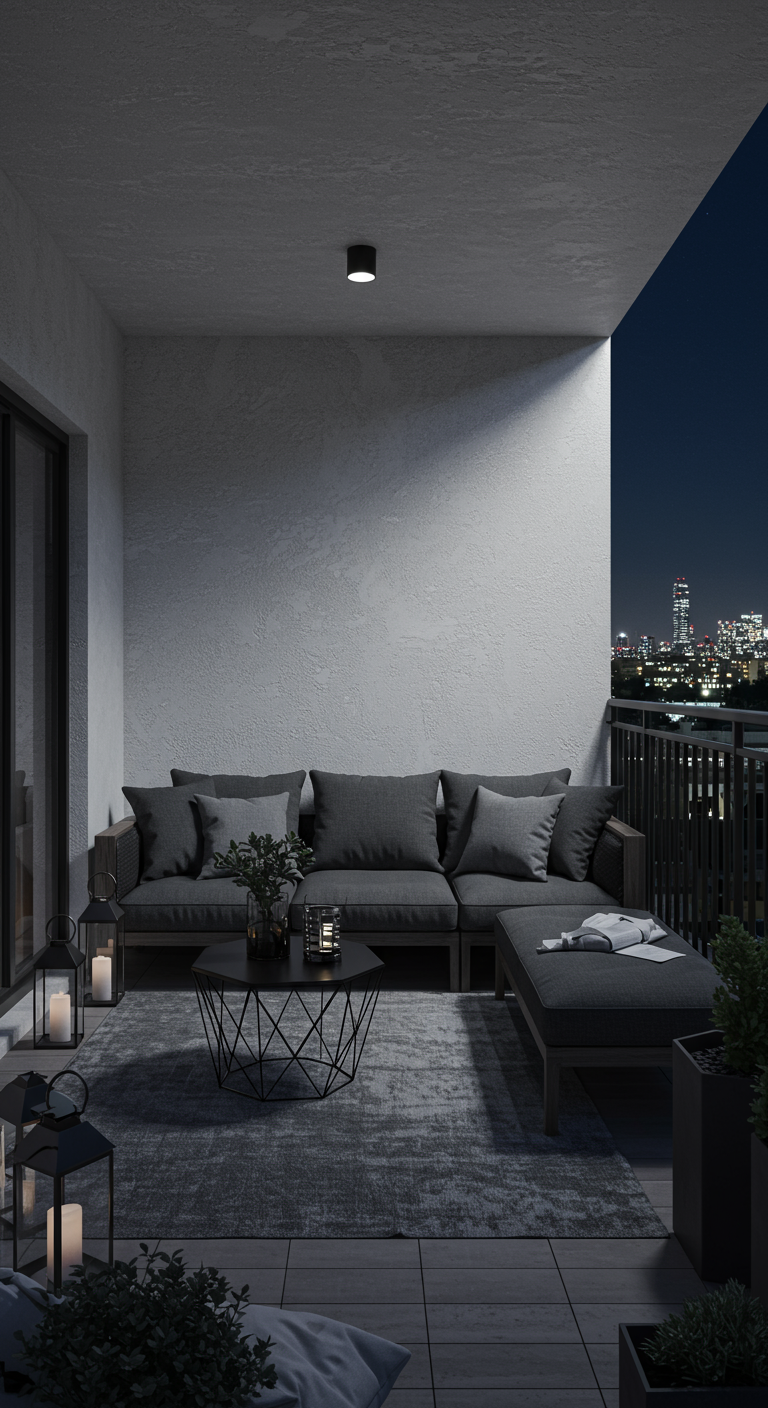 Balkon bei Nacht mit dunklem Sofa, Couchtisch, Teppich und Laternen.