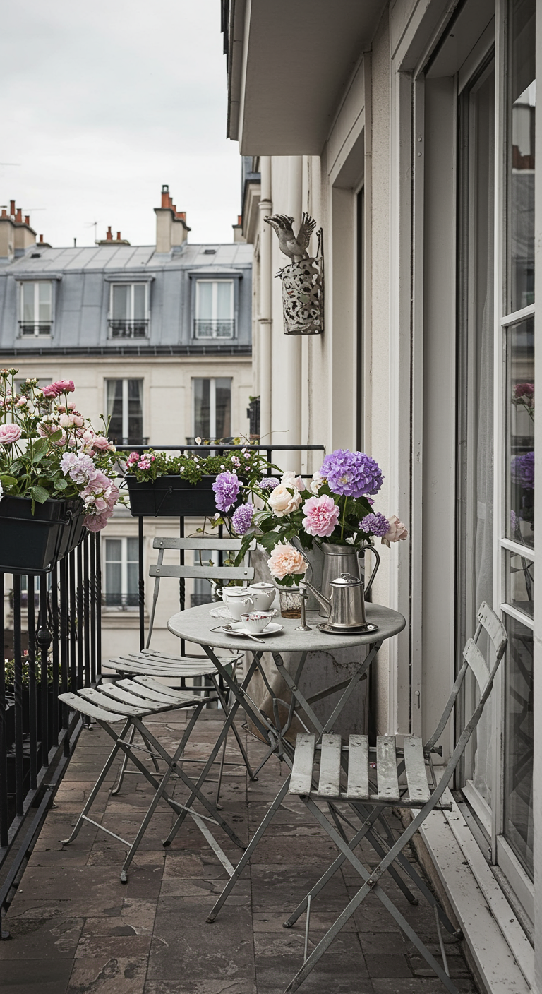 Graues Bistro-Set auf Pariser Balkon mit üppigen Sträußen aus rosa und lila Blumen.