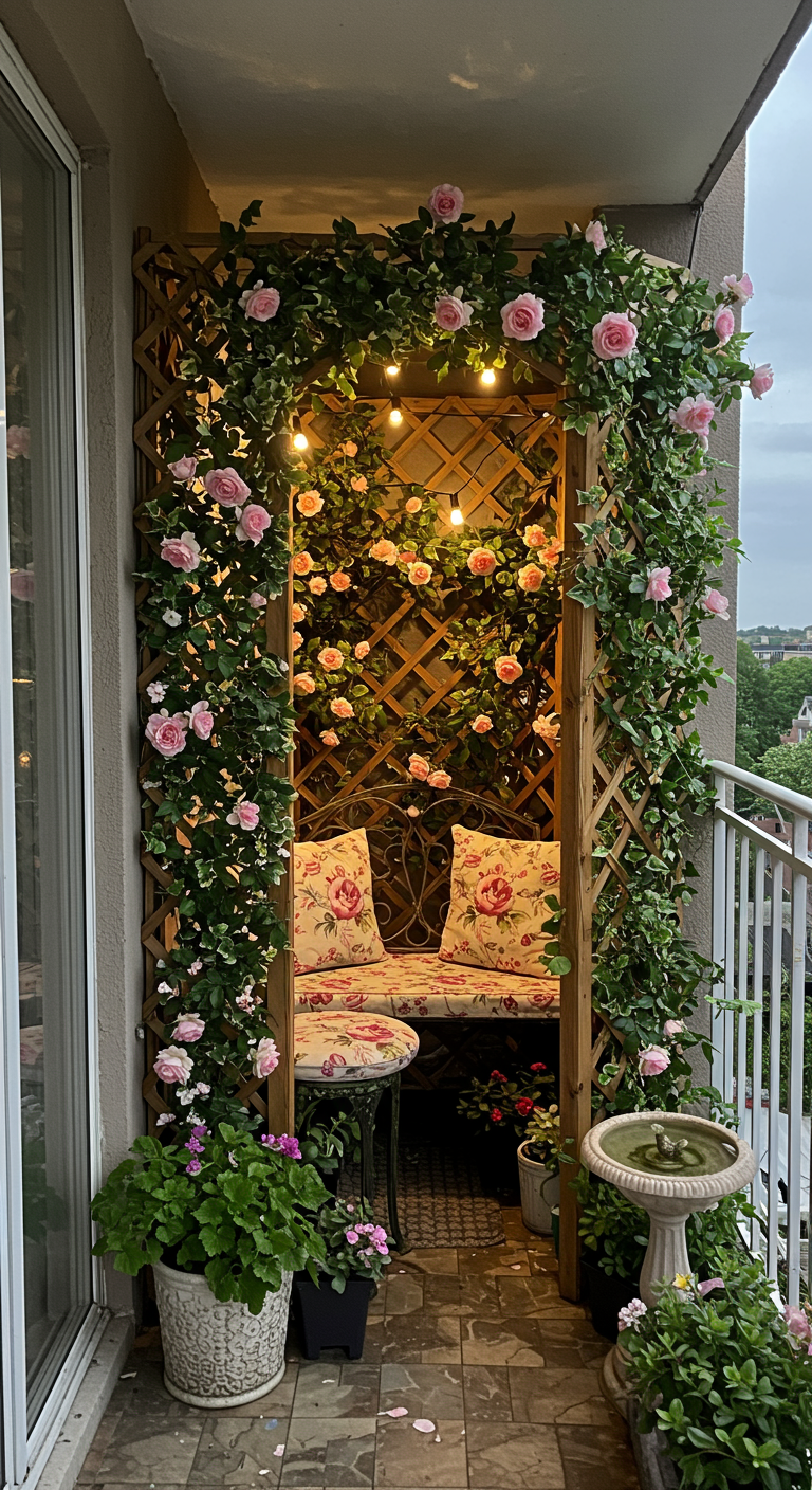Balkonnische mit Rosenbogen, Sitzbank mit floralen Kissen und kleinem Vogelbad.