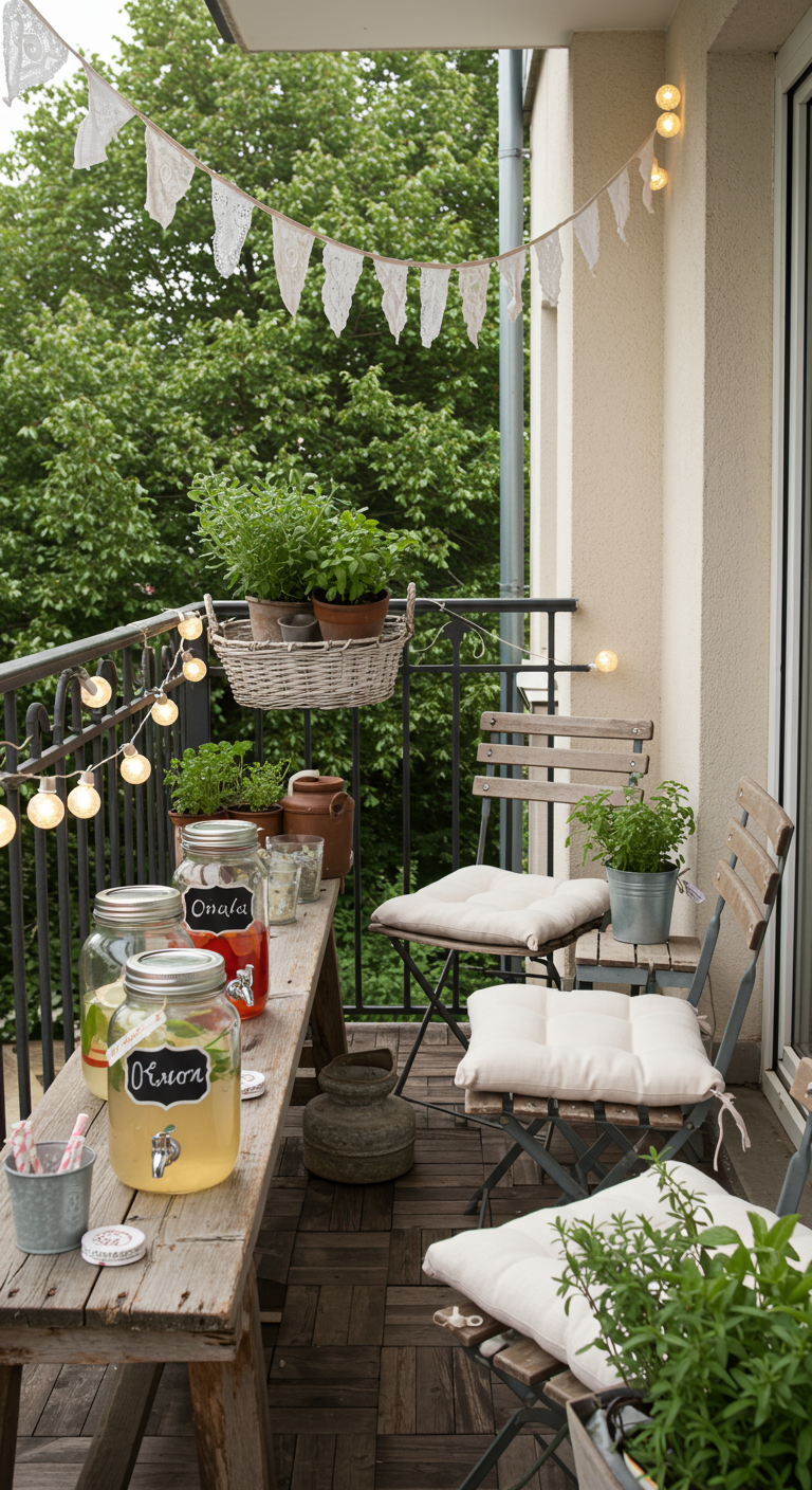 Rustikale Balkon-Partydeko mit Limonaden-Bar in Einmachgläsern und Spitzendeckchen-Girlande.