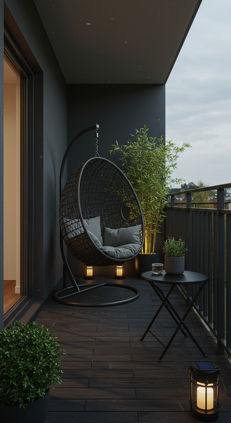 Schwarzer Hängesessel auf einem dunklen Balkon mit Bambuspflanze und Laterne.